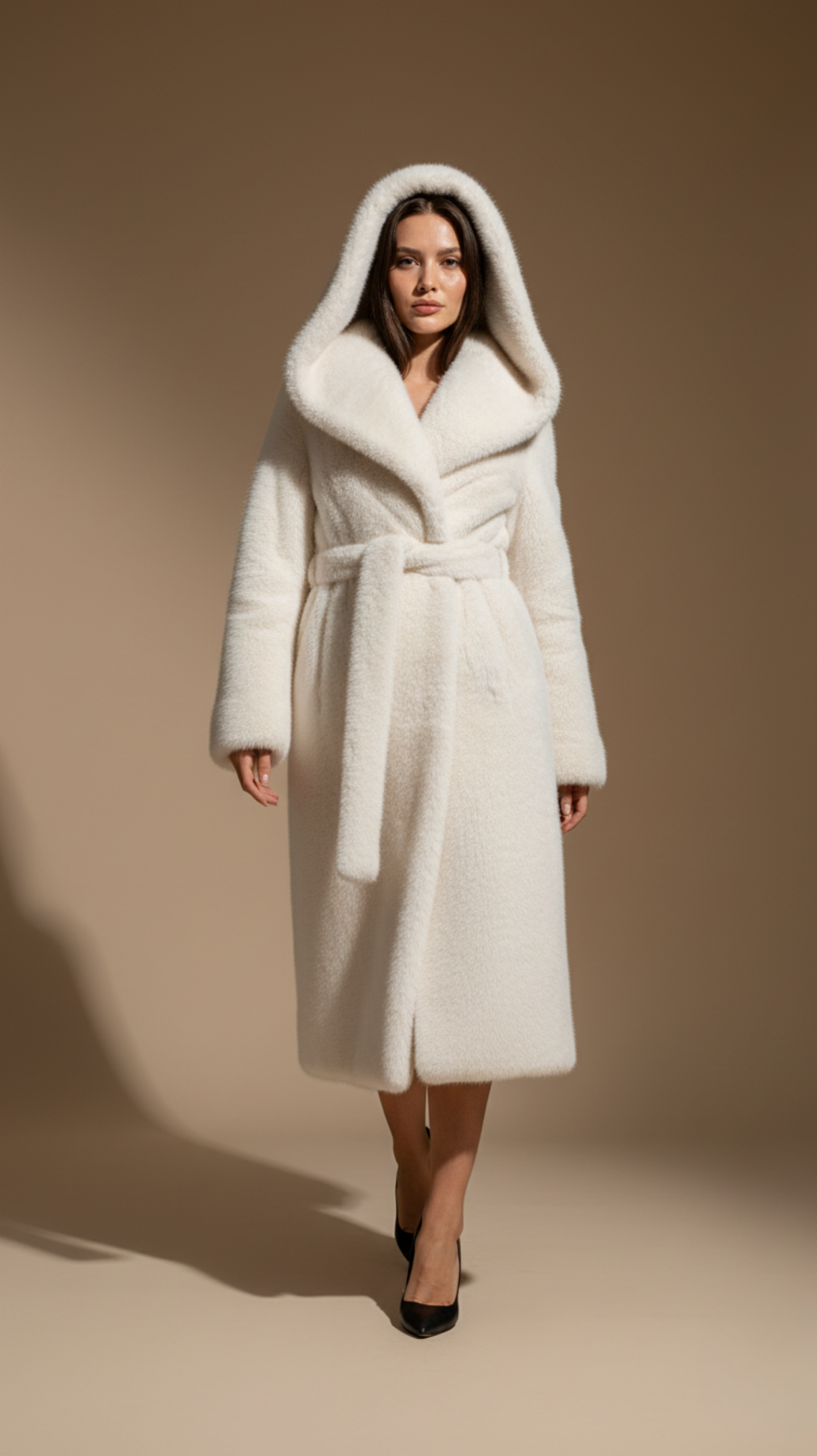 Hooded Belted Vegan Fur Coat