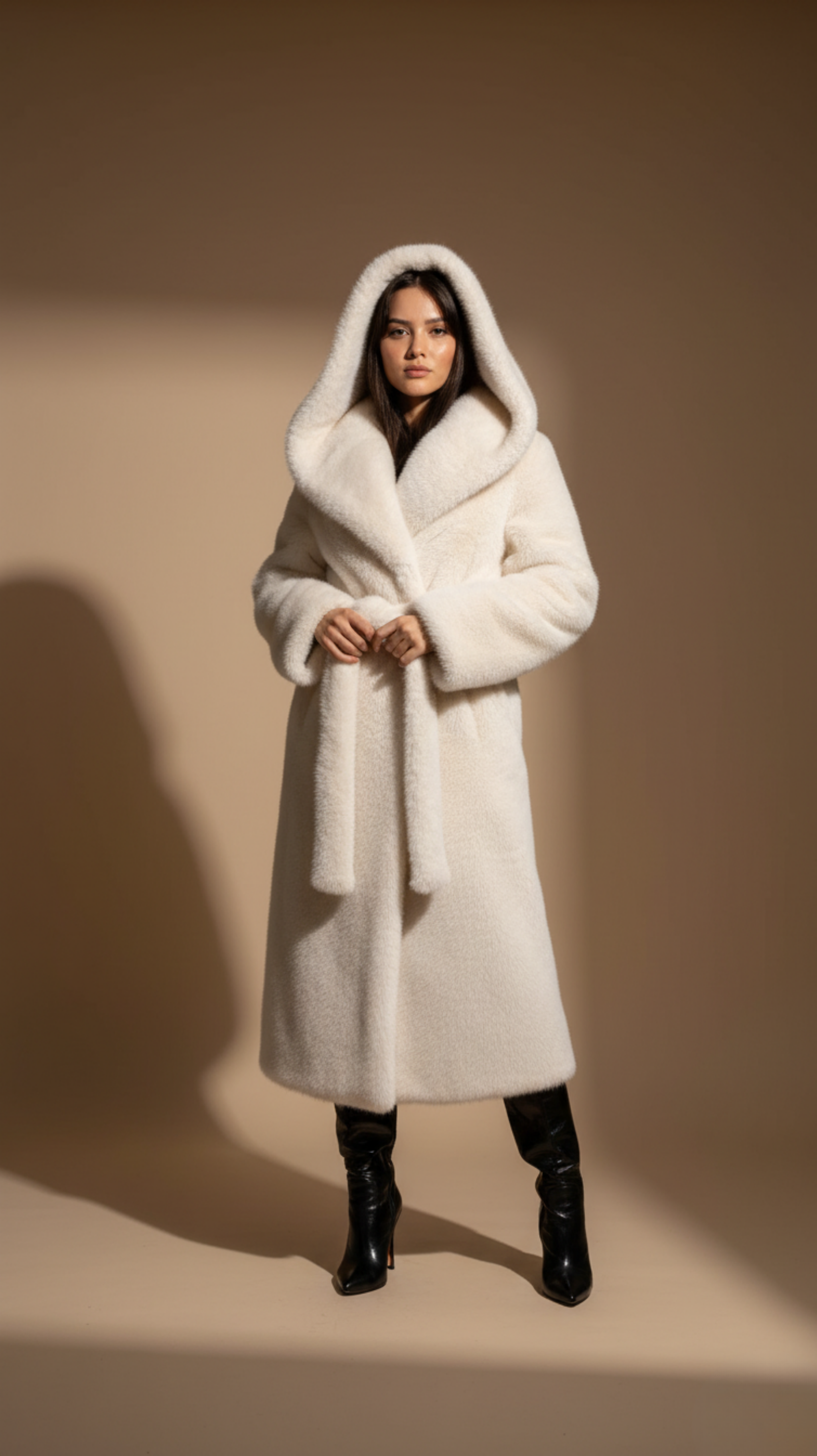 Hooded Belted Vegan Fur Coat