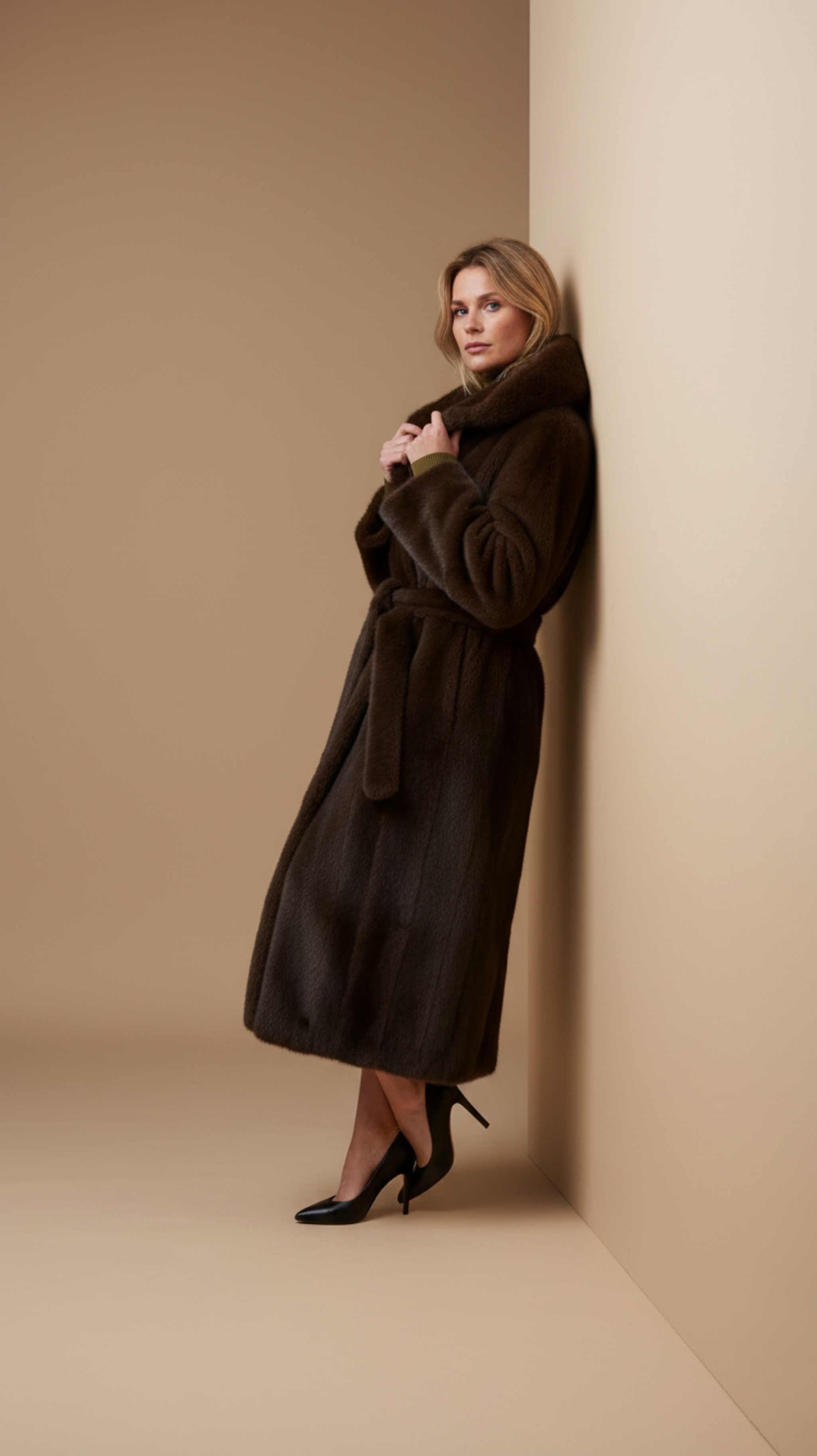 Hooded Belted Vegan Fur Coat