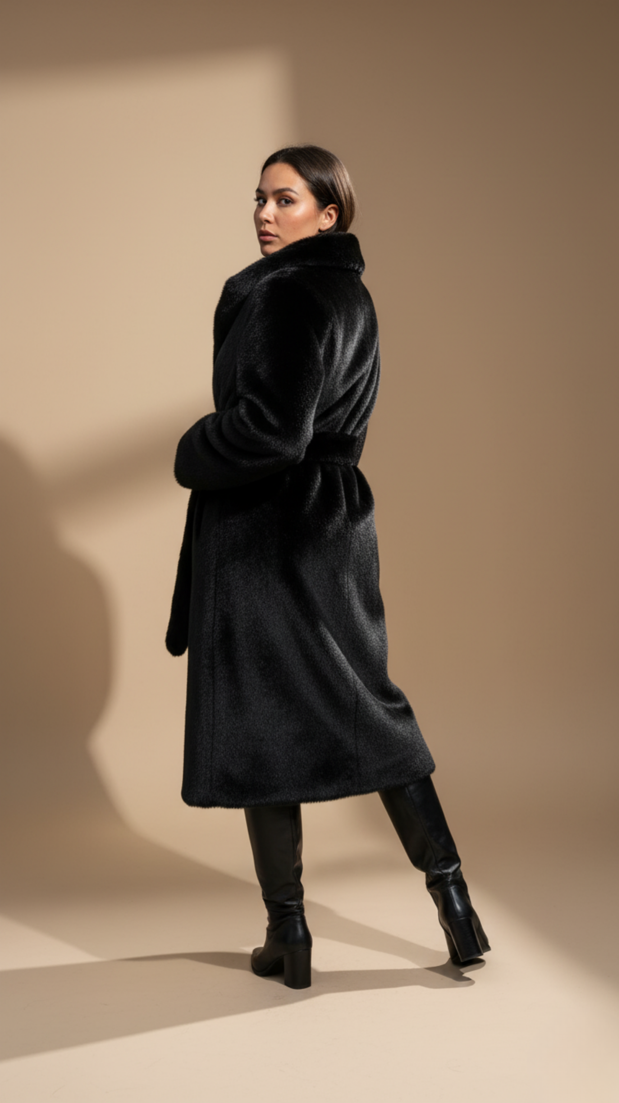 Hooded Belted Vegan Fur Coat