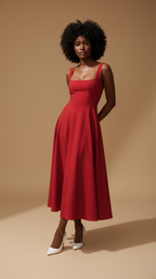 Woman wearing a red dress against a beige background