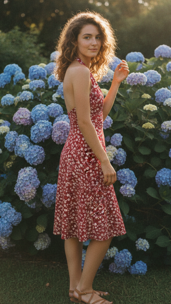 Cherry Daisy Halter Midi Dress
