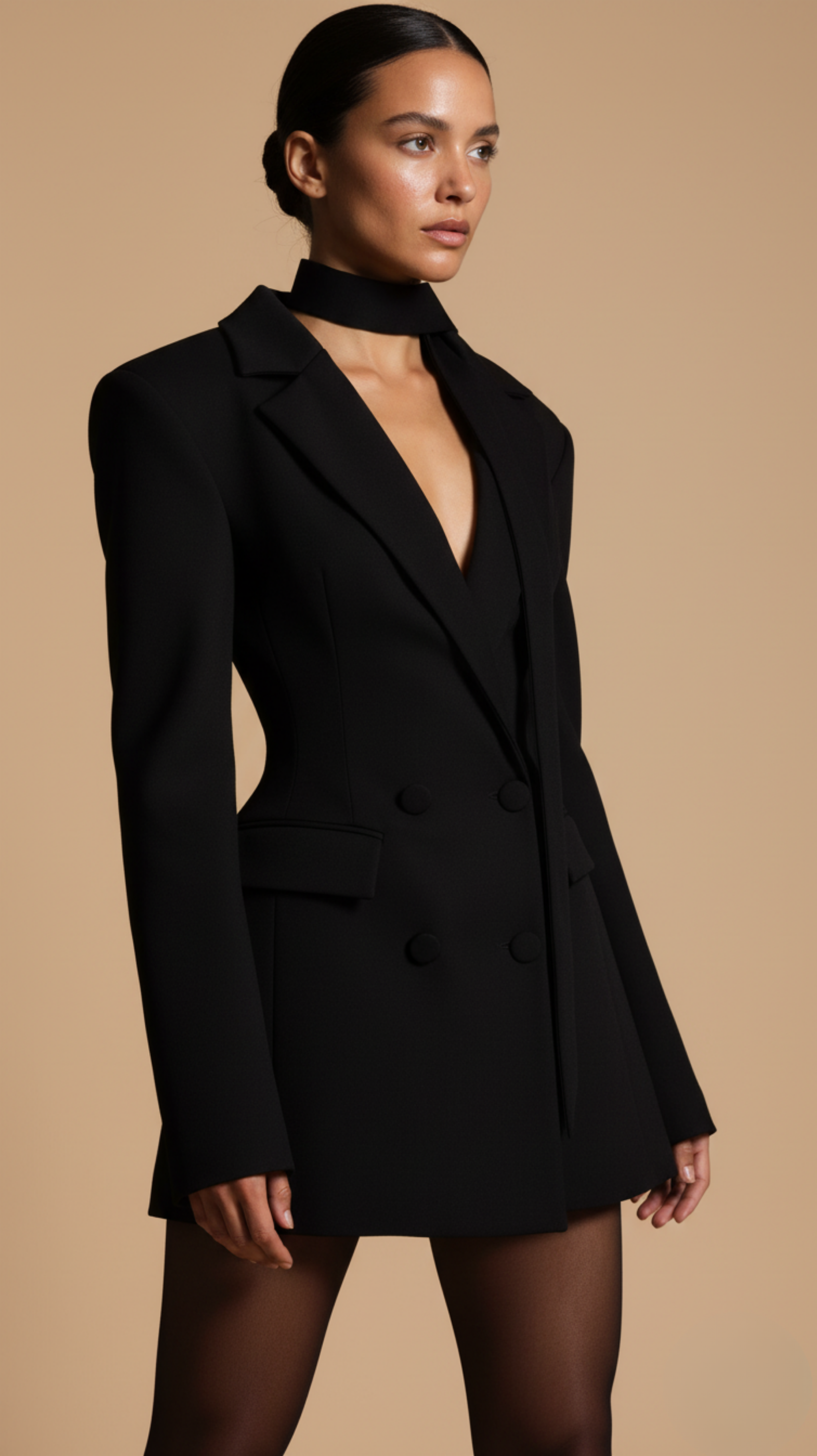 Woman wearing a black blazer dress against a beige background