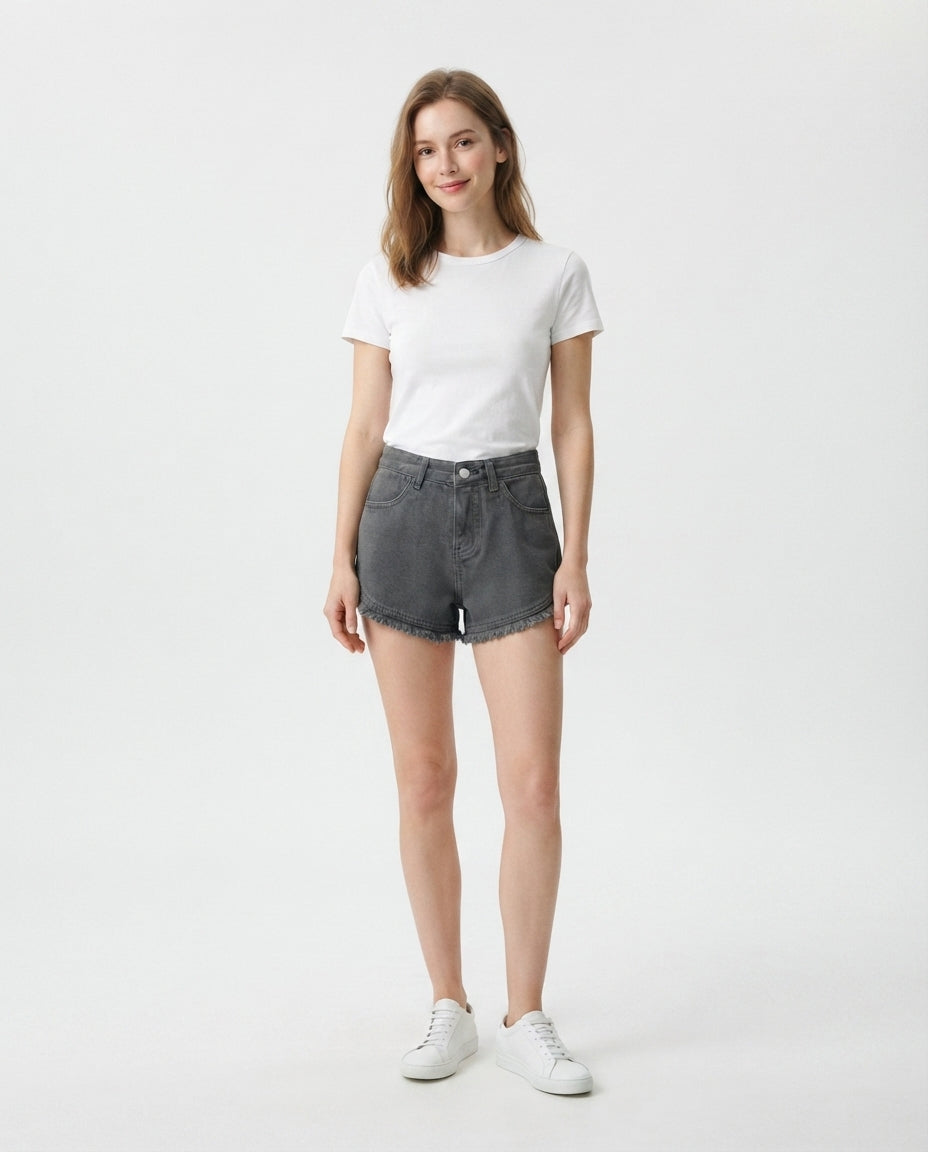 High Rise Fringe Denim Shorts