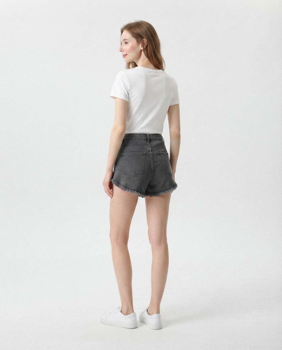 High Rise Fringe Denim Shorts