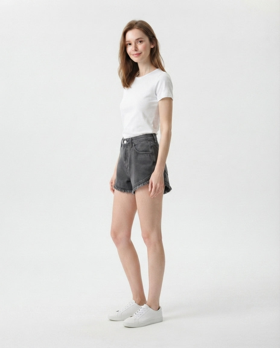 High Rise Fringe Denim Shorts
