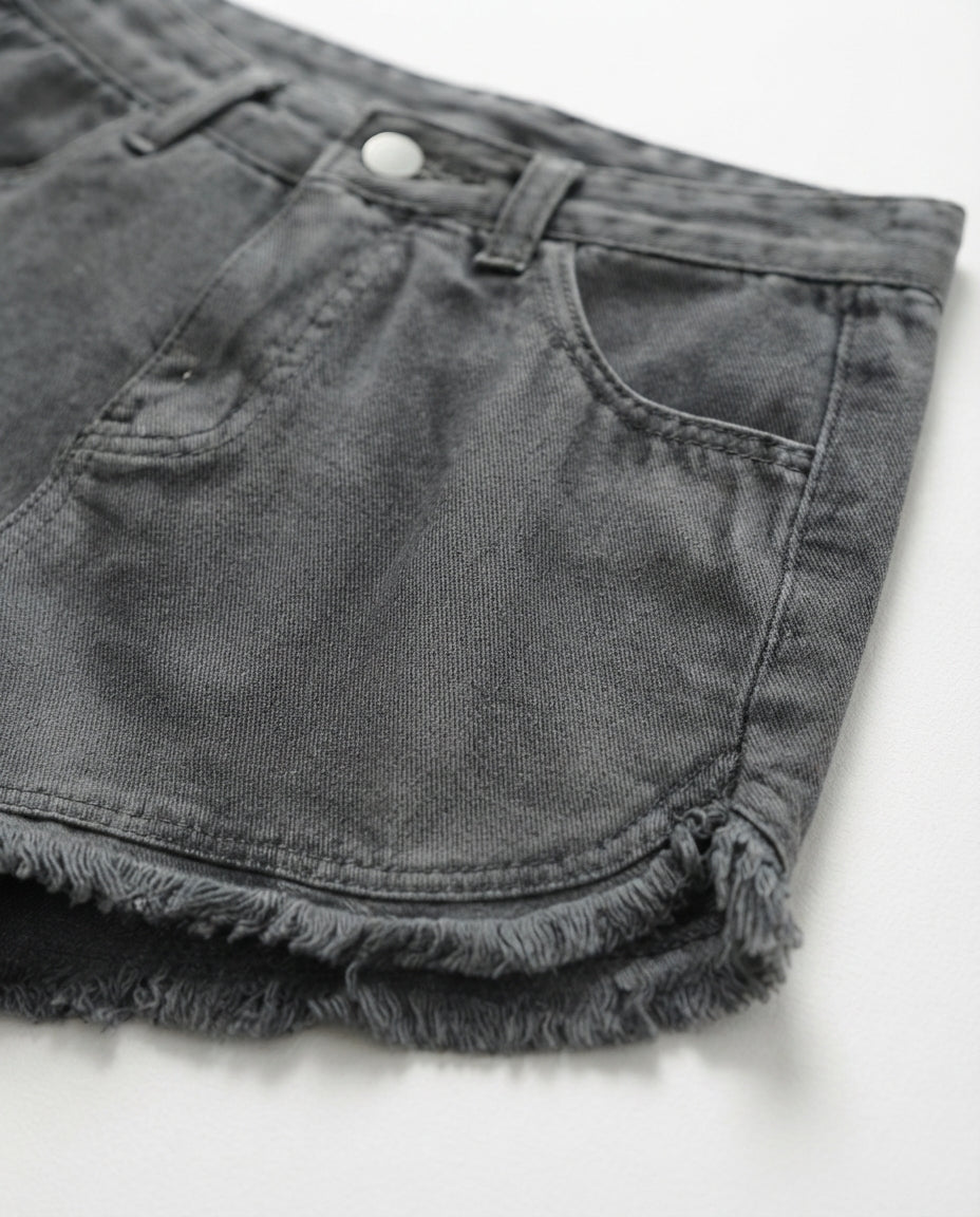 High Rise Fringe Denim Shorts