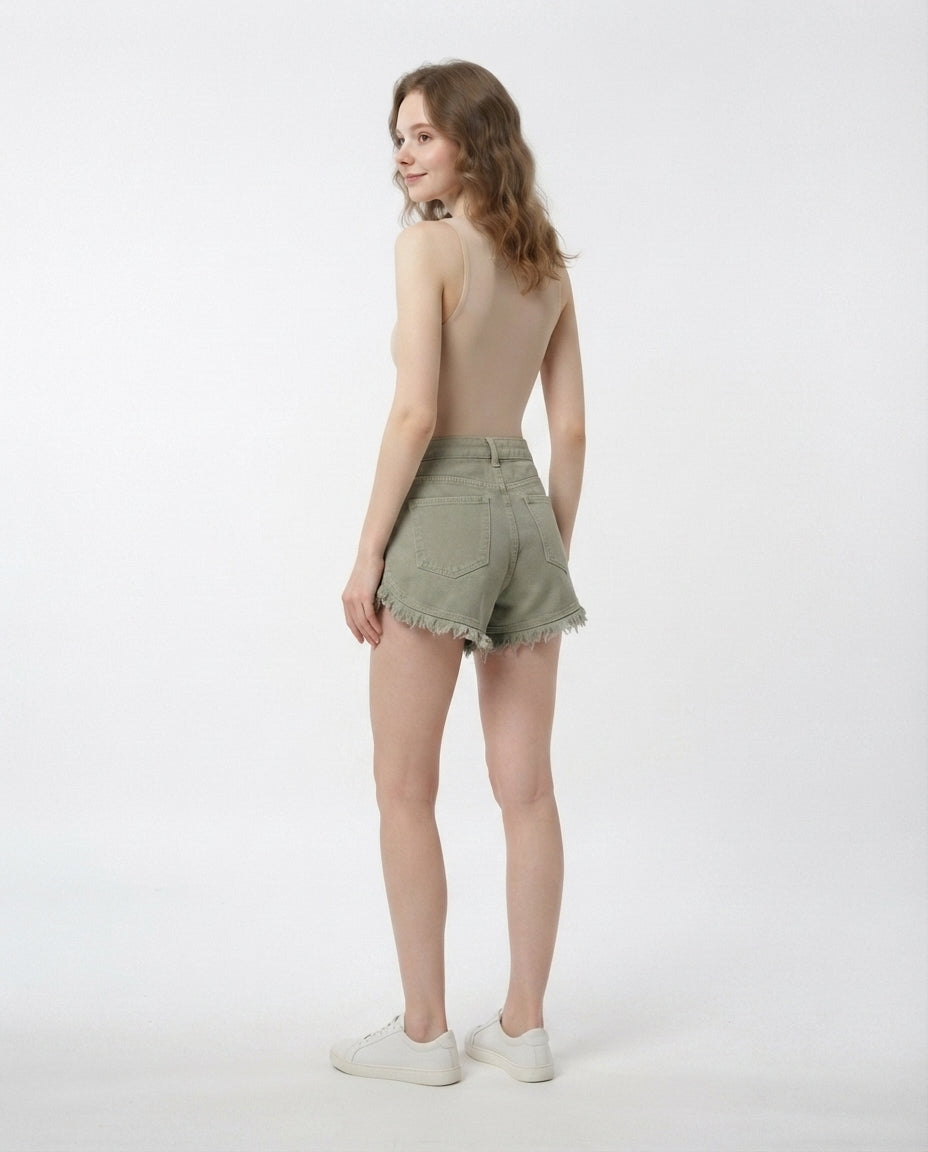 High Rise Fringe Denim Shorts