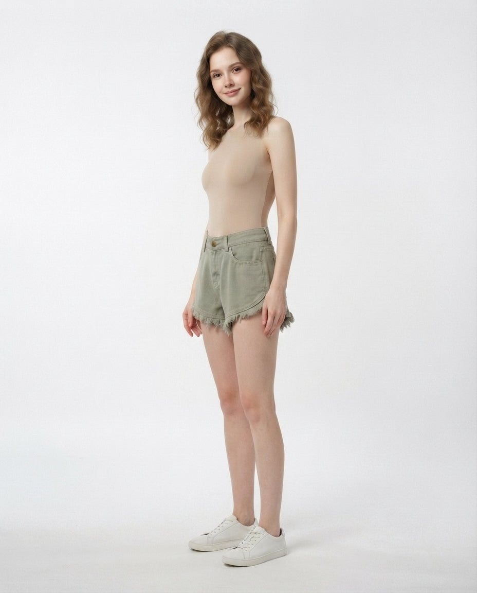 High Rise Fringe Denim Shorts