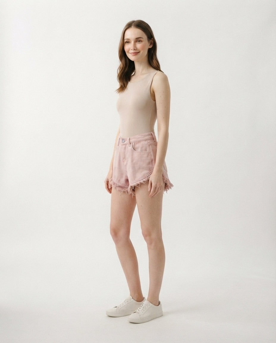 High Rise Fringe Denim Shorts