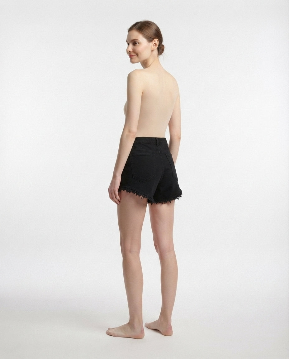 High Rise Fringe Denim Shorts