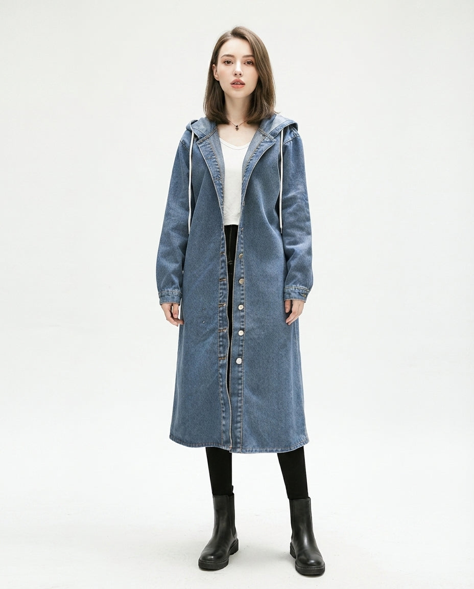 Hooded Denim Trench Coat