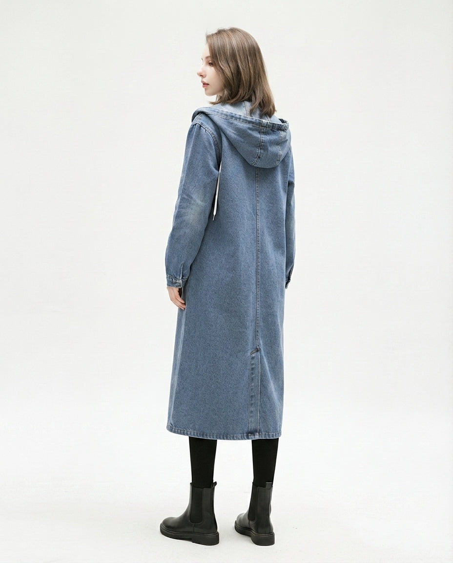 Hooded Denim Trench Coat