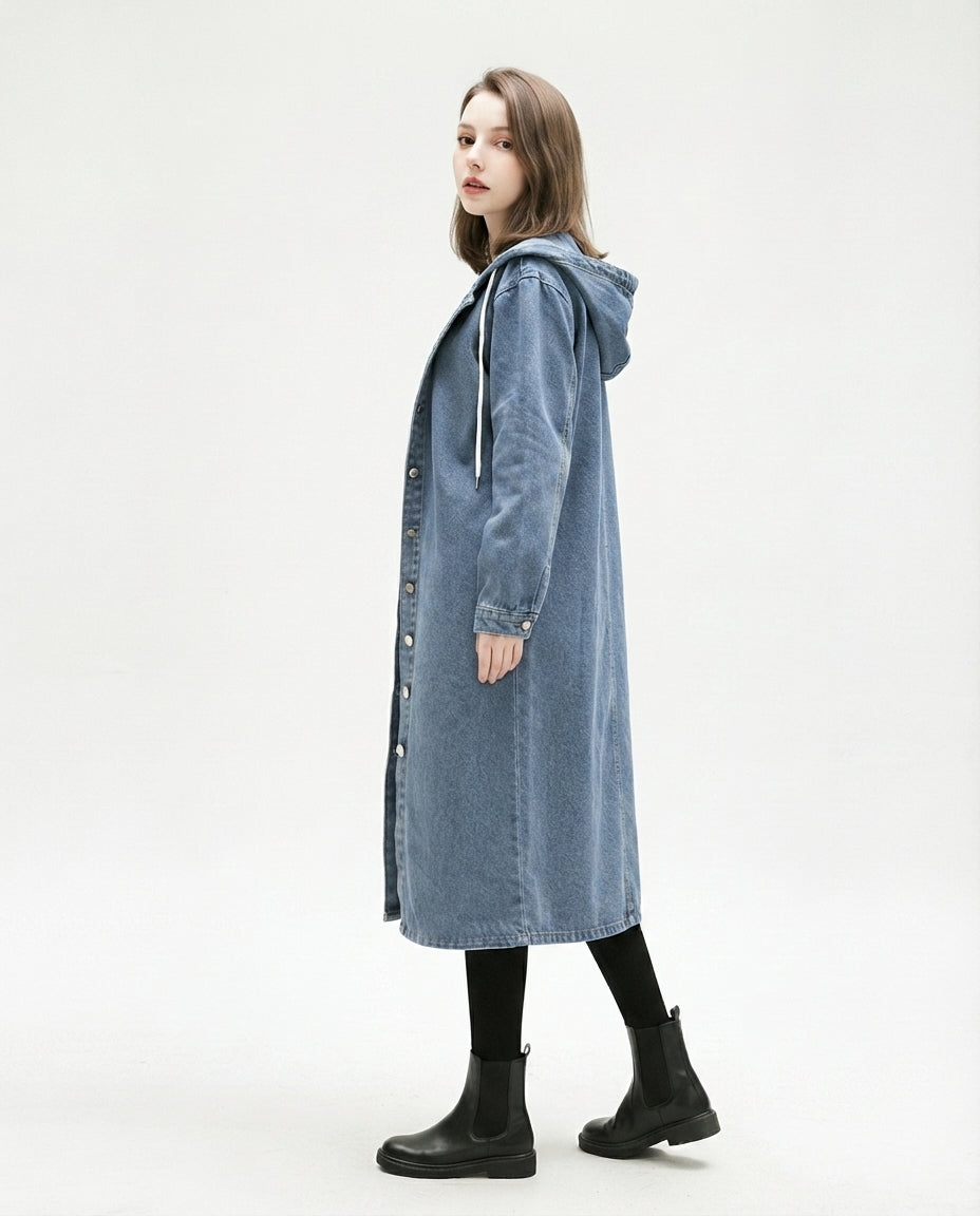 Hooded Denim Trench Coat
