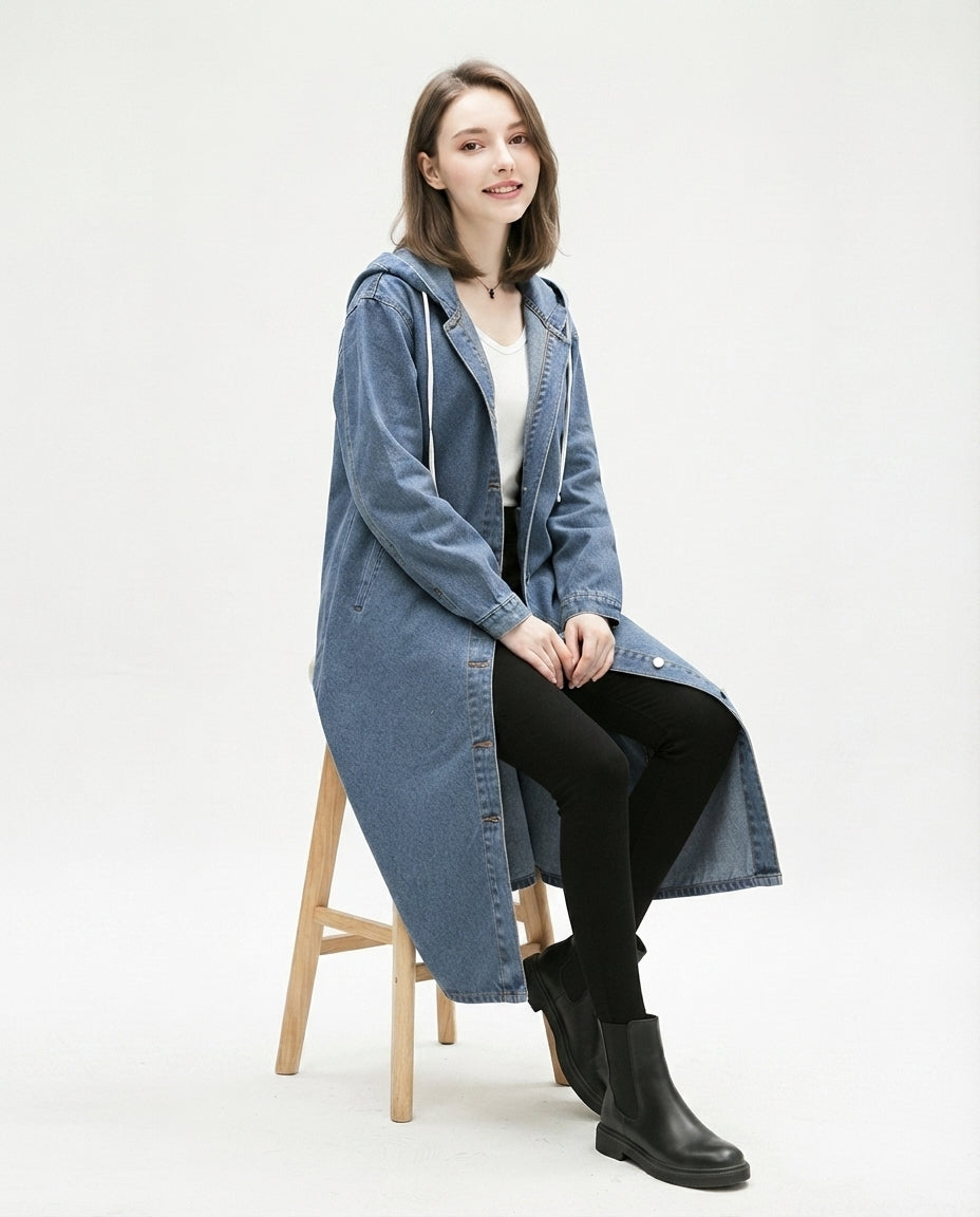 Hooded Denim Trench Coat