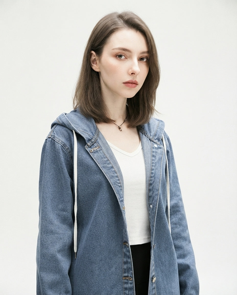 Hooded Denim Trench Coat