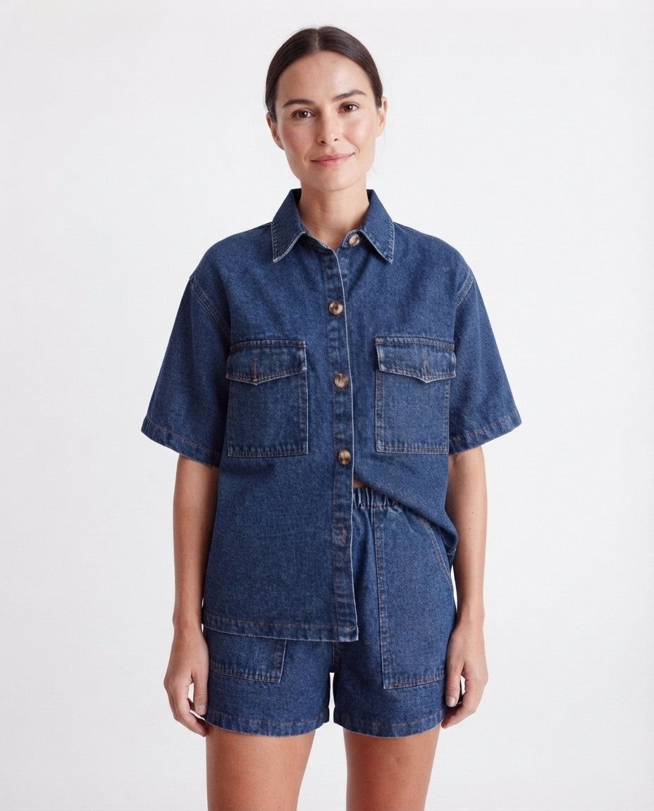 Short Sleeve Denim Short Set