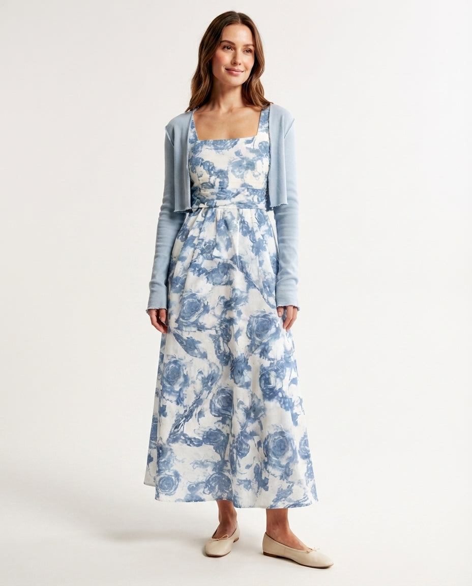 Floral Midi Dress and Cardigan Set