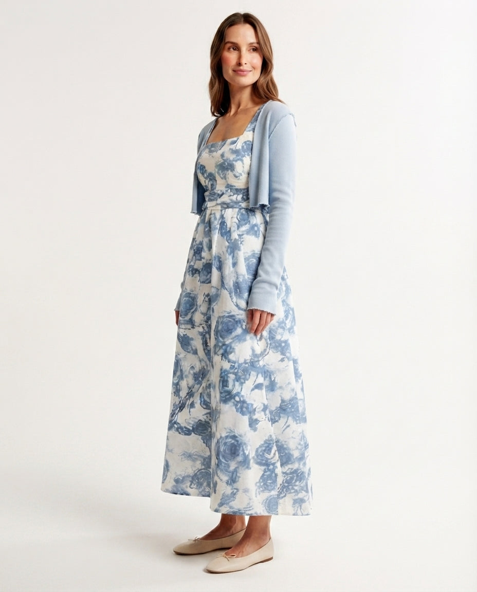 Floral Midi Dress and Cardigan Set