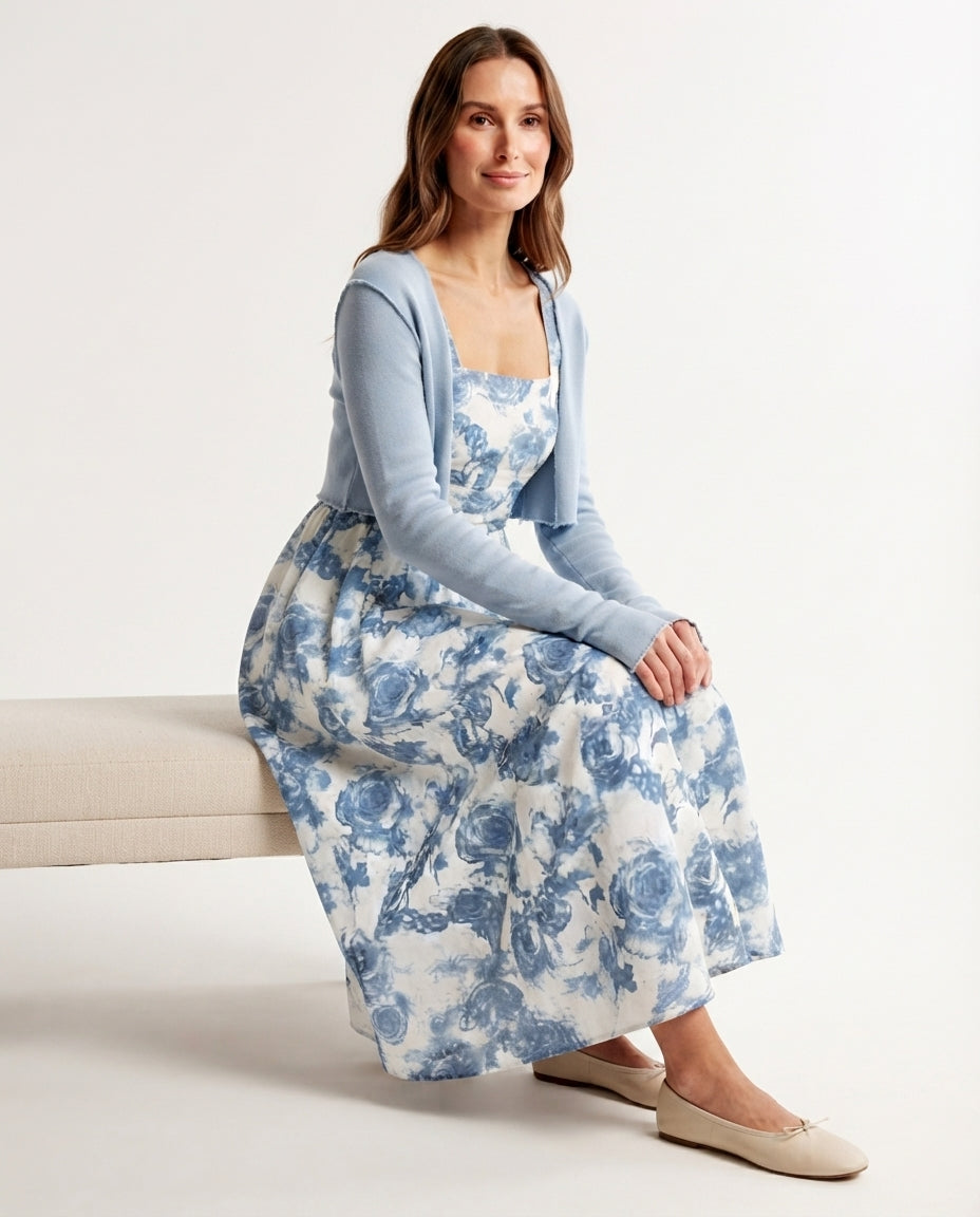 Floral Midi Dress and Cardigan Set