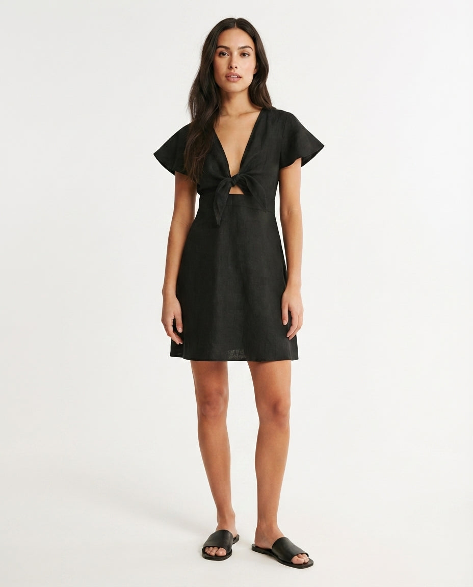 Tie Front Flutter Sleeve Mini Dress