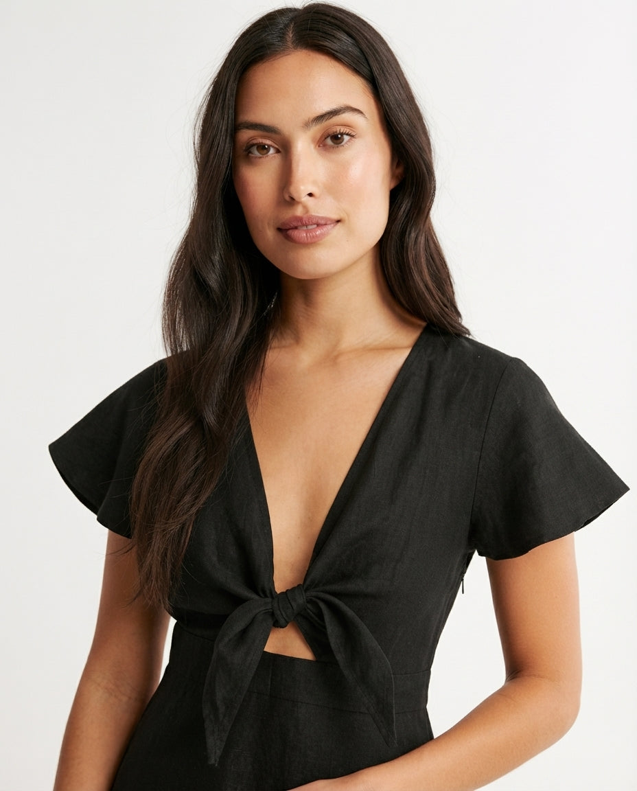 Tie Front Flutter Sleeve Mini Dress