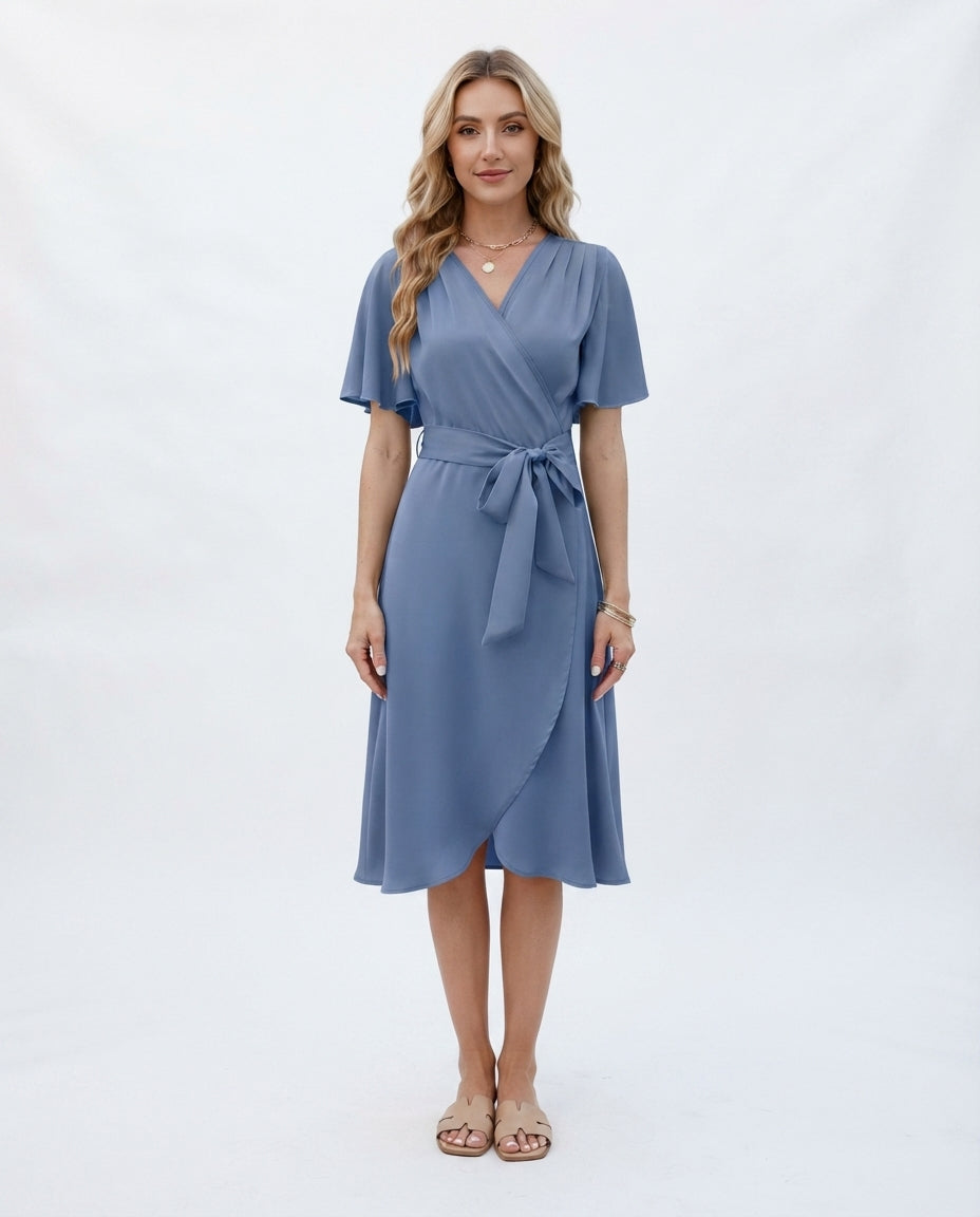 Wrap Front Flutter Sleeve Dress