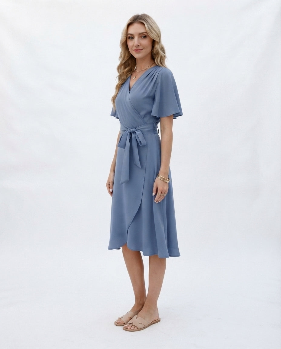 Wrap Front Flutter Sleeve Dress
