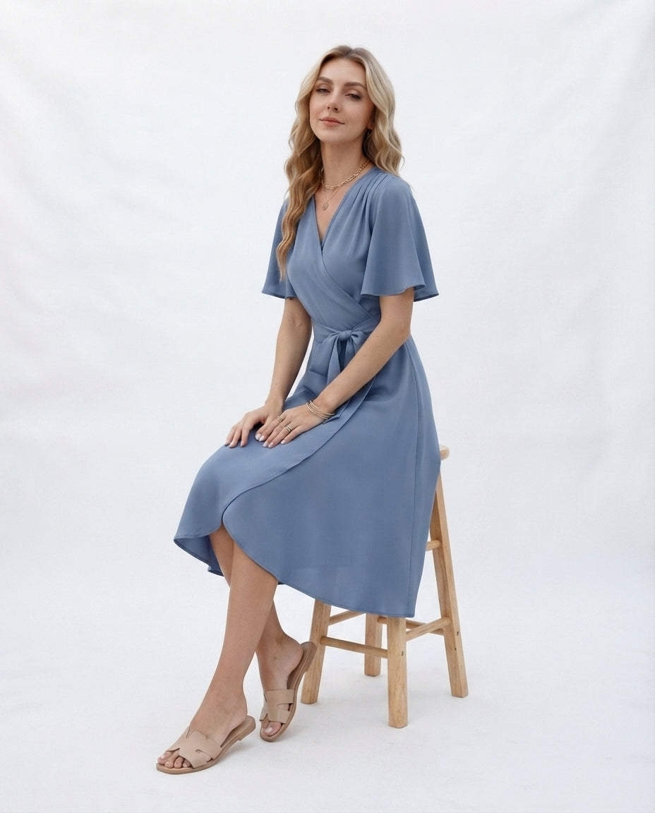 Wrap Front Flutter Sleeve Dress