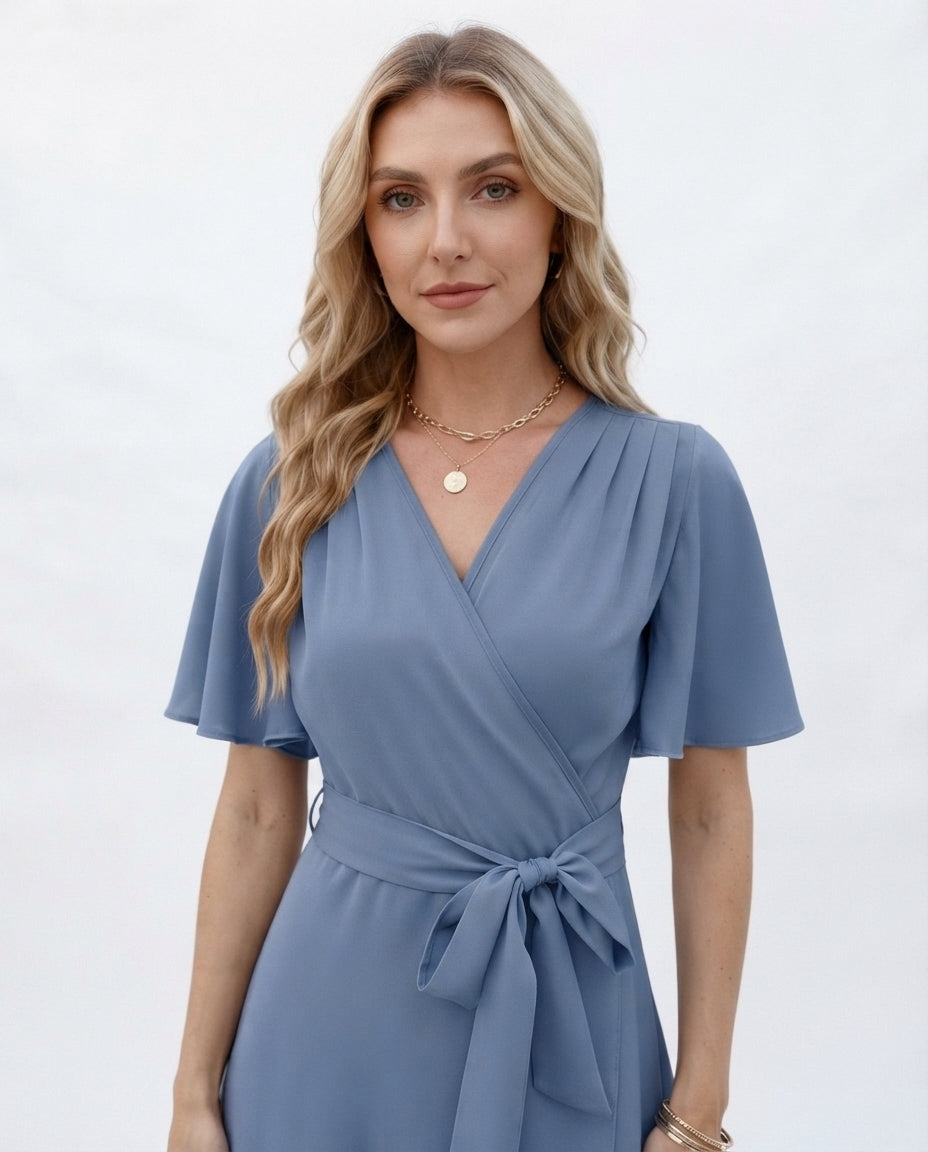 Wrap Front Flutter Sleeve Dress