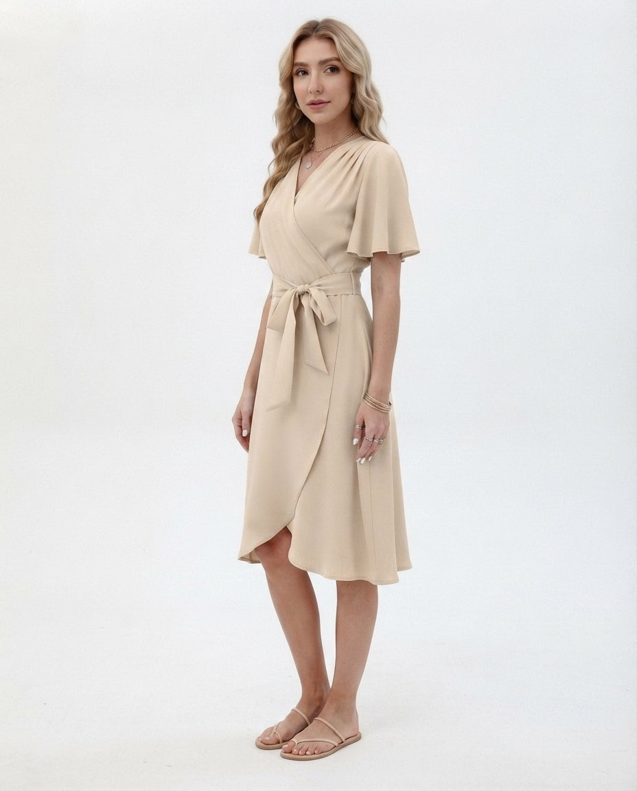 Wrap Front Flutter Sleeve Dress