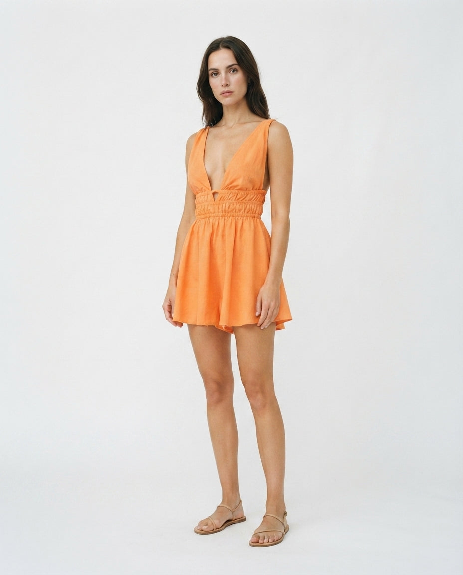 Deep V Smocked Mini Dress