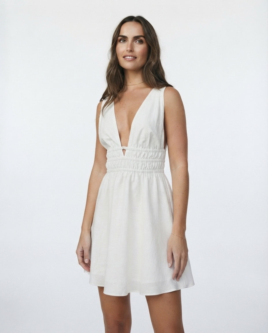 Deep V Smocked Mini Dress