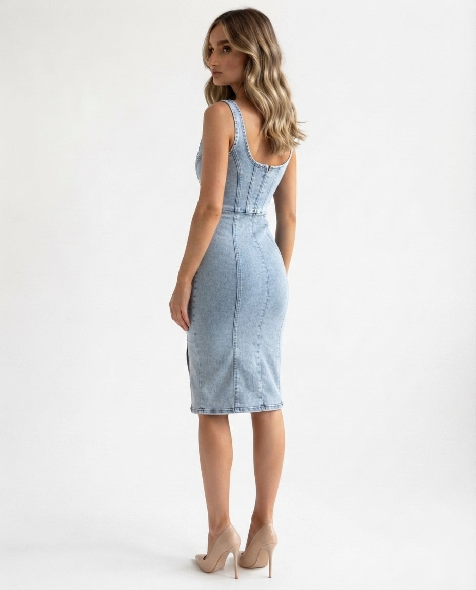 Zip Front Denim Midi Dress