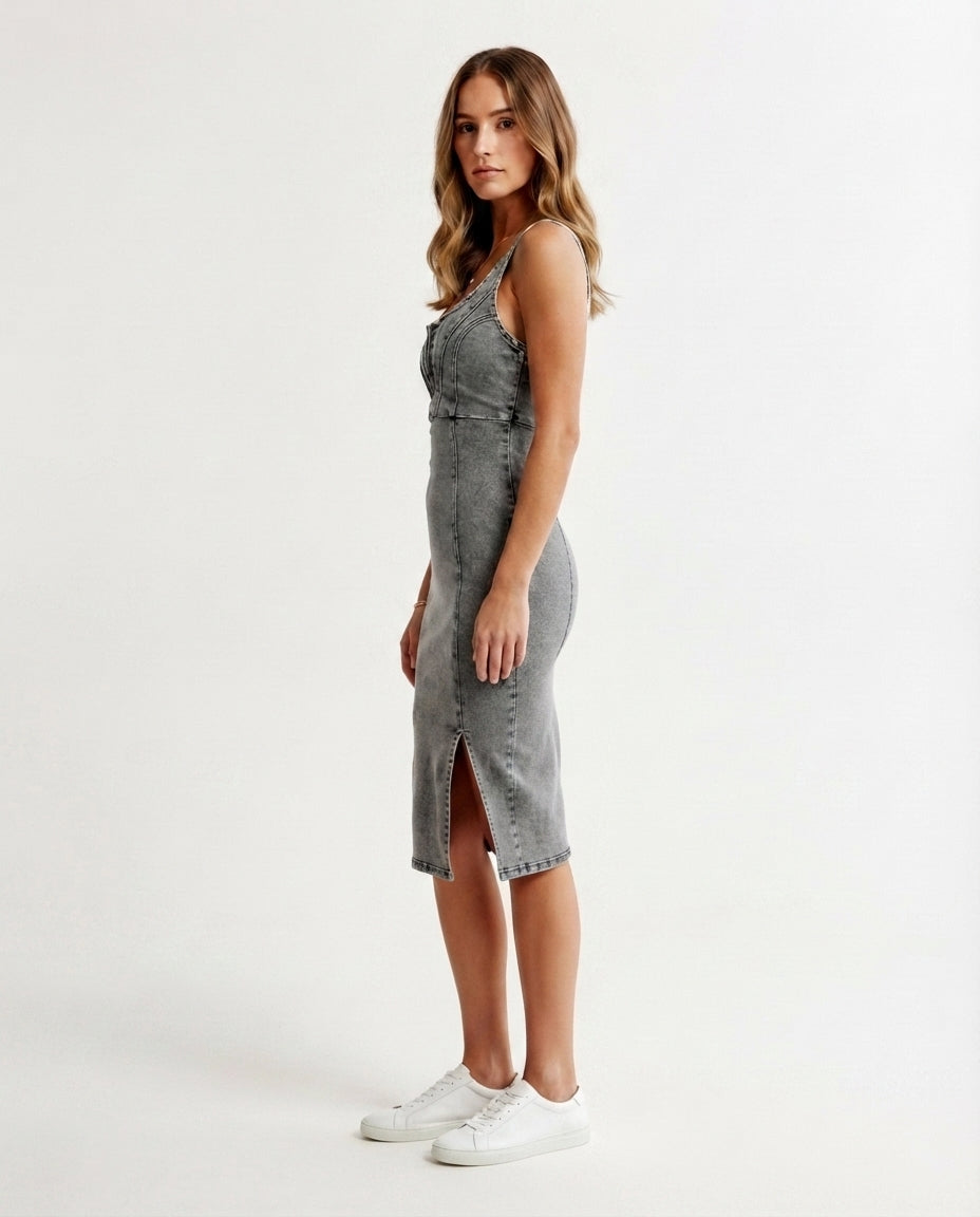 Zip Front Denim Midi Dress