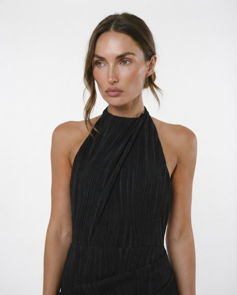 Pleated Halter Midi Dress
