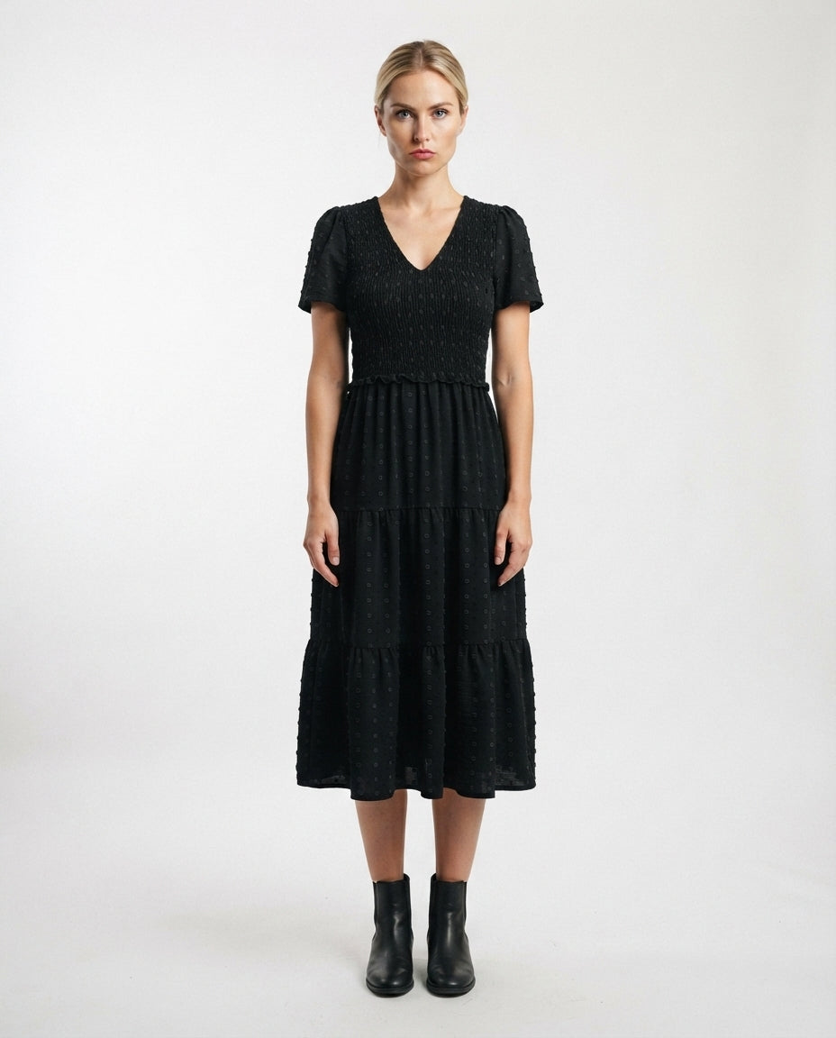 Smocked Bodice Tiered Midi Dress