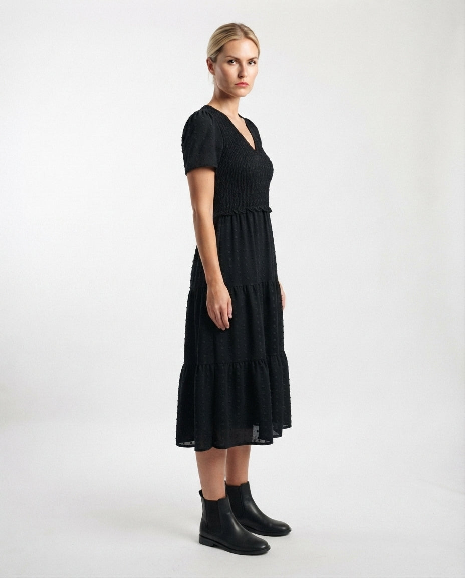 Smocked Bodice Tiered Midi Dress