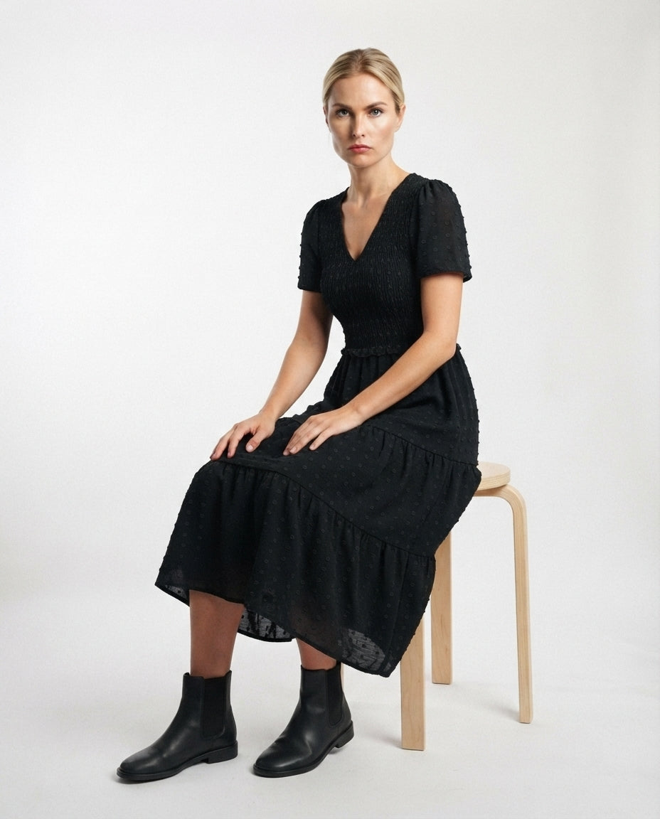Smocked Bodice Tiered Midi Dress