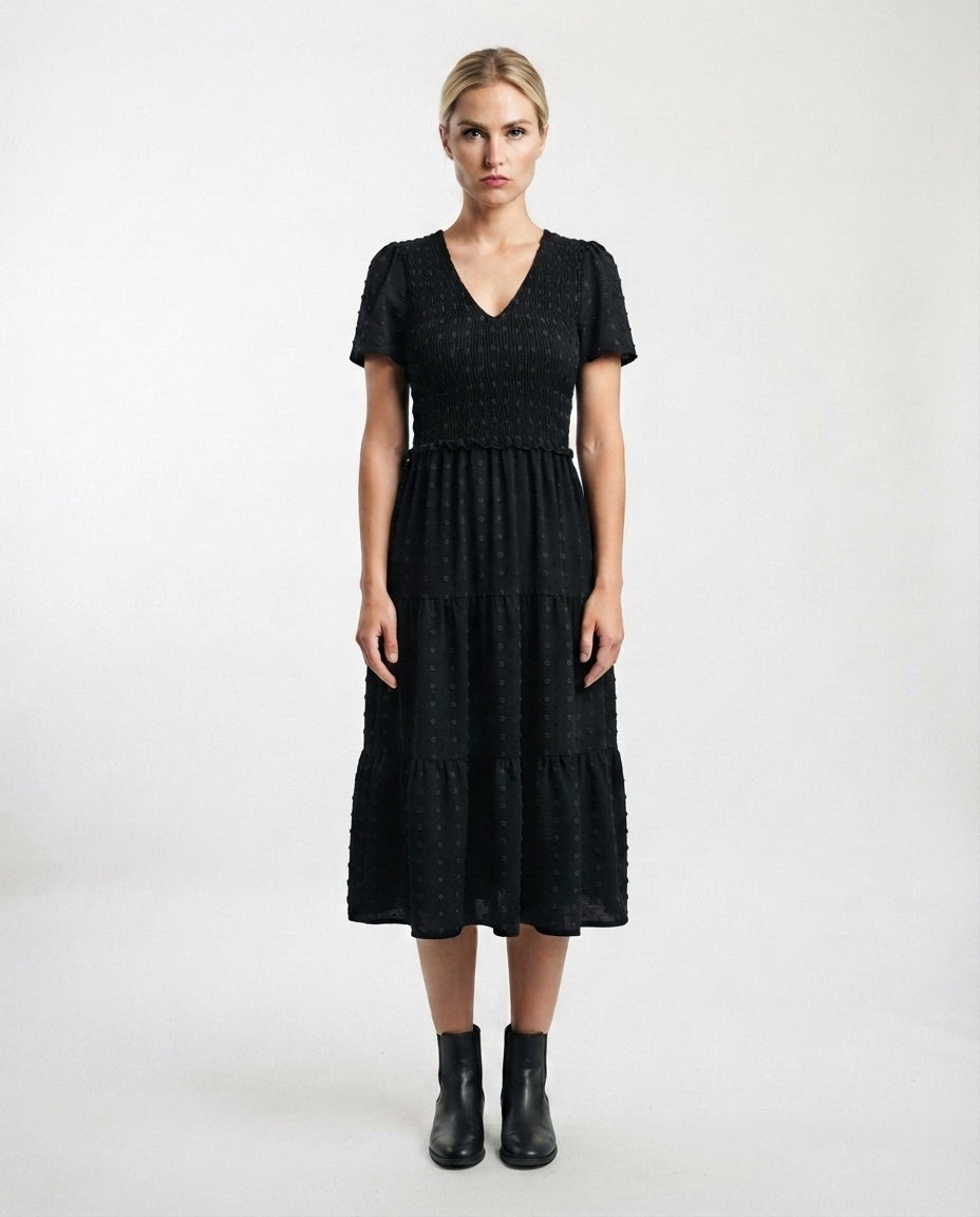 Smocked Bodice Tiered Midi Dress