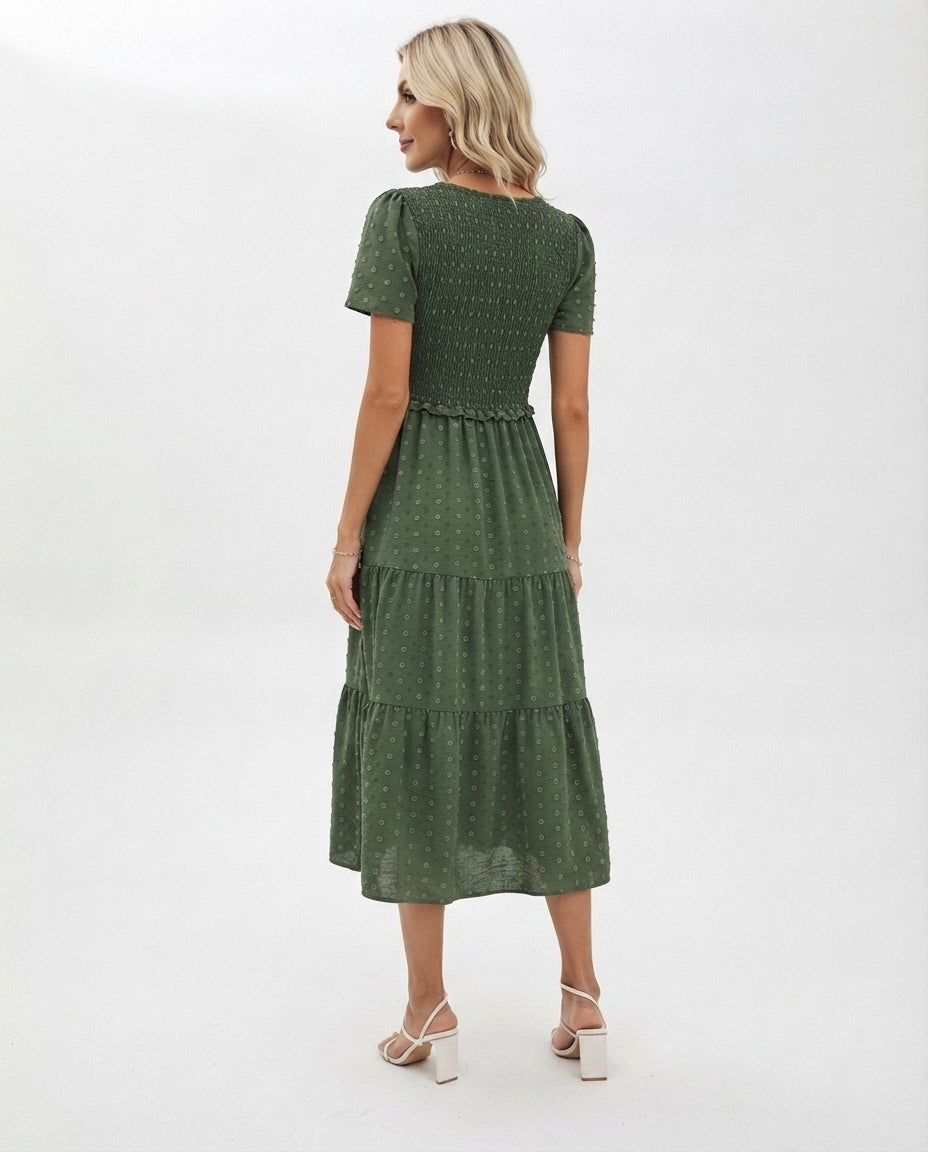 Smocked Bodice Tiered Midi Dress