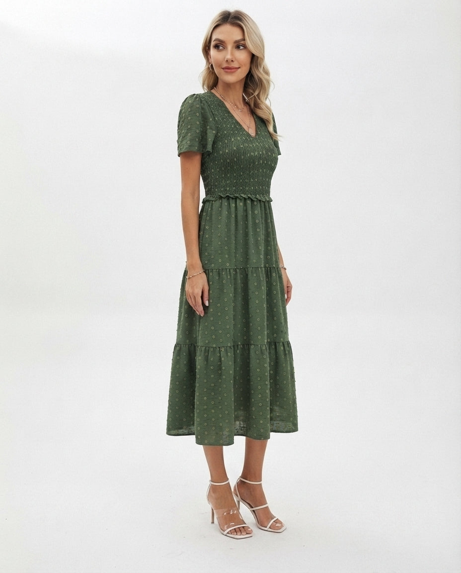 Smocked Bodice Tiered Midi Dress