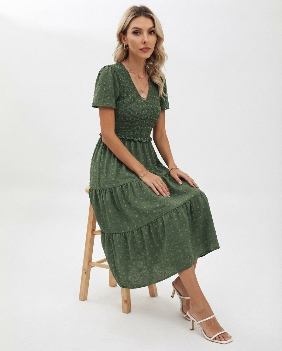 Smocked Bodice Tiered Midi Dress