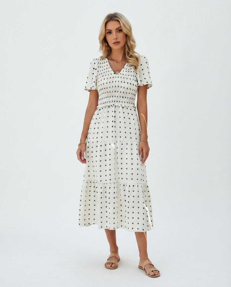 Smocked Bodice Tiered Midi Dress