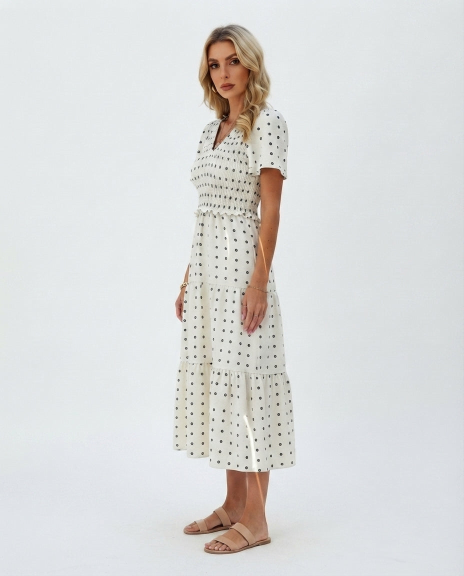 Smocked Bodice Tiered Midi Dress