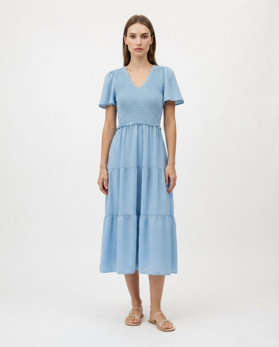 Smocked Bodice Tiered Midi Dress