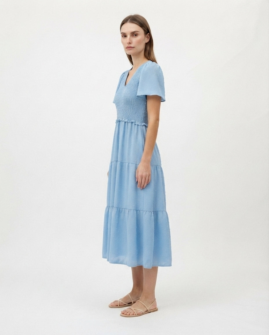 Smocked Bodice Tiered Midi Dress