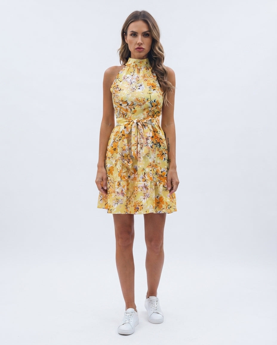 Halter Neck Tie Waist Mini Dress