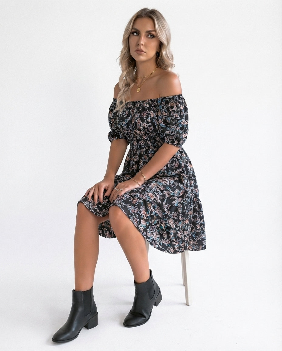 Off Shoulder Smocked Midi Dress