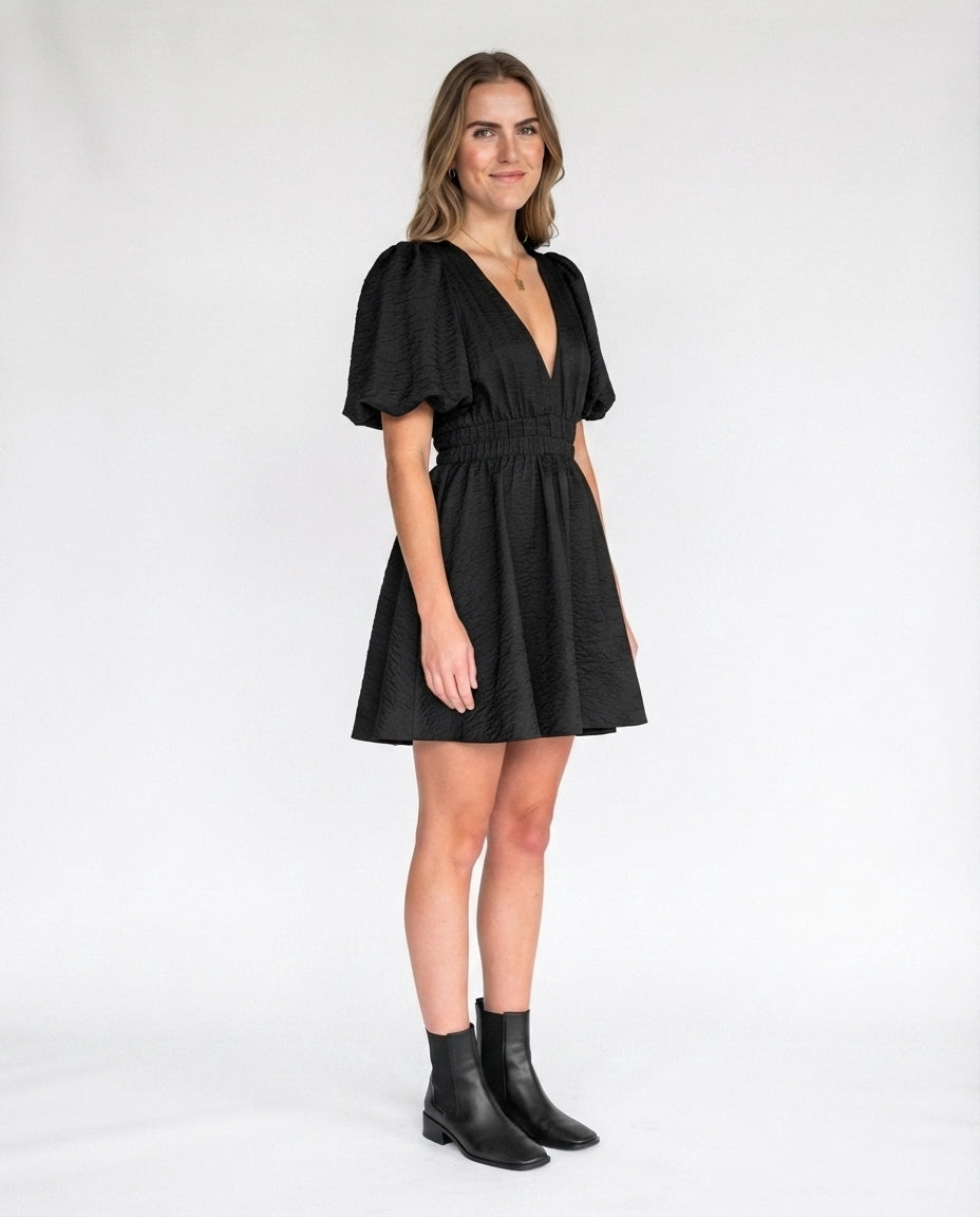 Puff Sleeve Smocked Waist Mini Dress